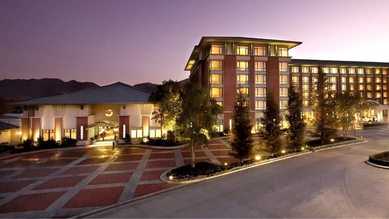 Exterior of the Four Seasons Westlake Village at dusk